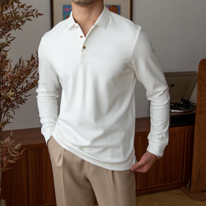 Textured Knit Cotton Blend Long Sleeve Polo