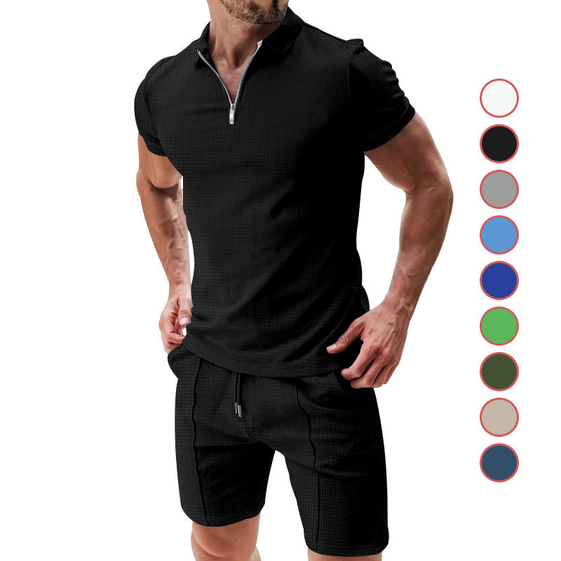 Summer Zipper Lapel Short-sleeved Versatile T-shirt Set