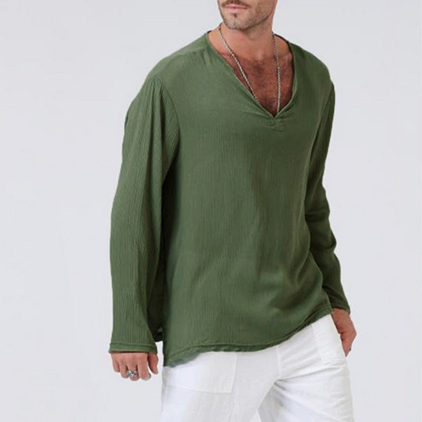 Linen Ethnic Style Loose Men's V-neck Long-sleeved T-shirt