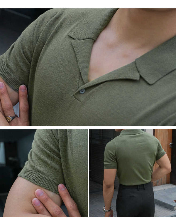 Cuban Collar Cotton T-shirt Men Short Sleeves Casual