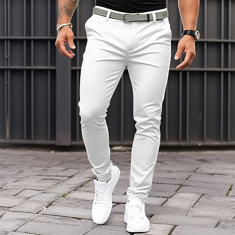 Men's Pure Color Tight Pocket Zipper Business Casual Slim-fitting Trousers