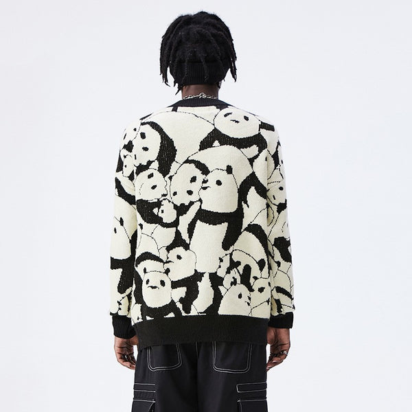 Suéter japonés vintage con cuello redondo y diseño de panda en jacquard para hombre