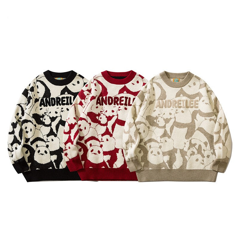 Men's Japanese Vintage Panda Jacquard Crewneck Sweater