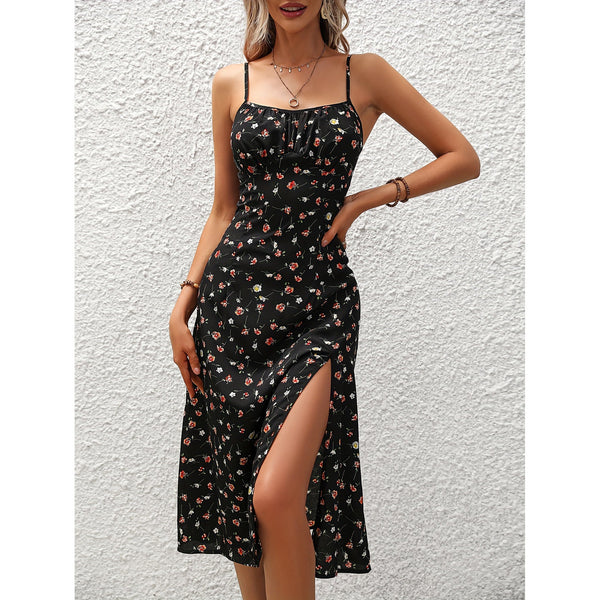 Polka Dot Print Suspender Dress Summer Sexy Slit Long Dresses For Womens