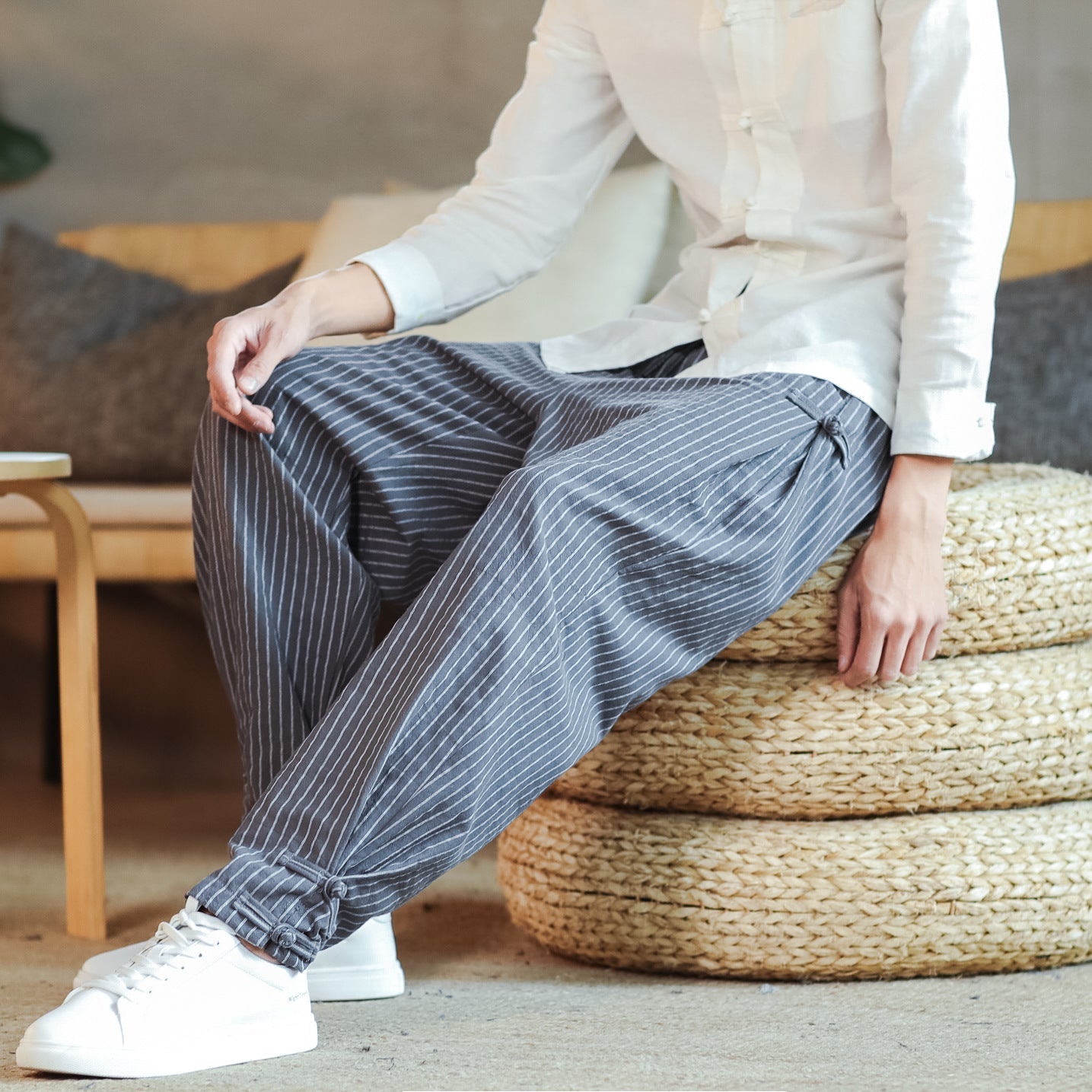 Striped Trousers Men's Disc Buckle Harem Pants