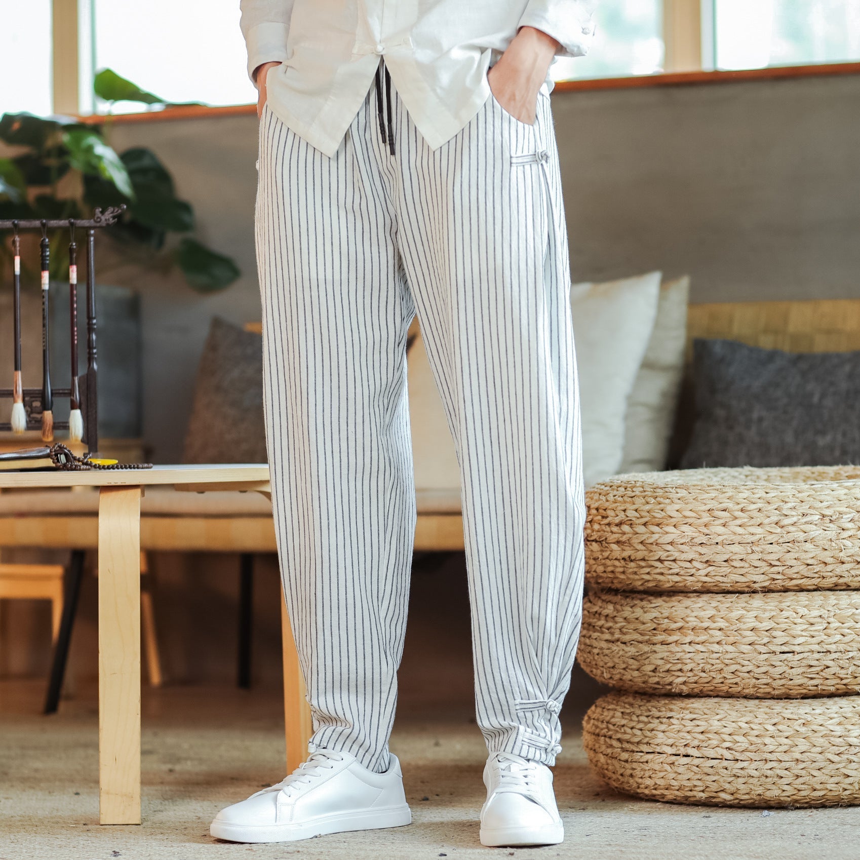 Striped Trousers Men's Disc Buckle Harem Pants