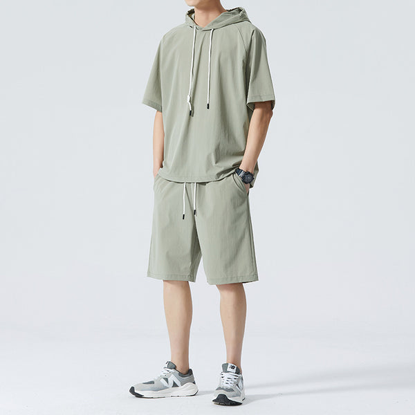 Men's Ice Silk Hooded High Street Short Sleeve T-shirt Shorts Set