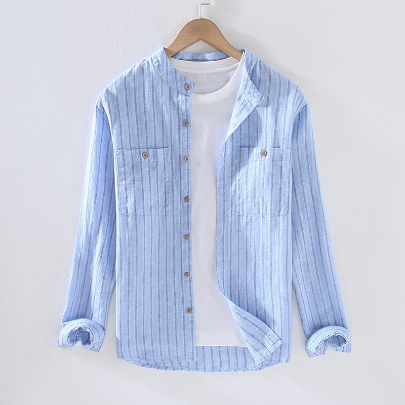 Stripe Double Pocket Stand Collar Casual Cotton Linen Long Sleeve shirt