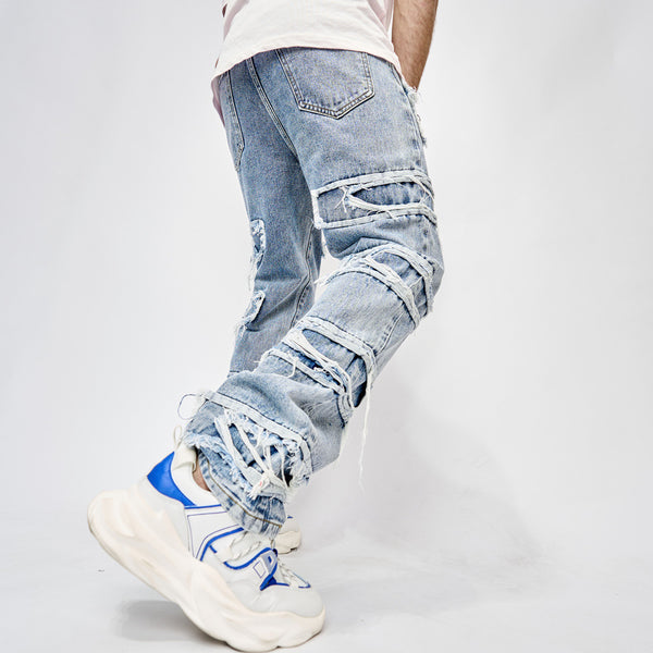 High Street Trousers Men Patched Straight Fit Men's Hip Hop Jeans