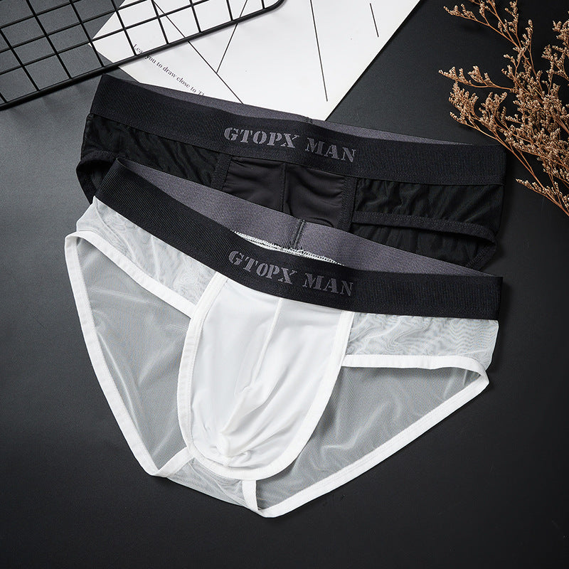 Men's Ice Silk Translucent Thin Mesh Single Layer U Convex Low Waist Briefs