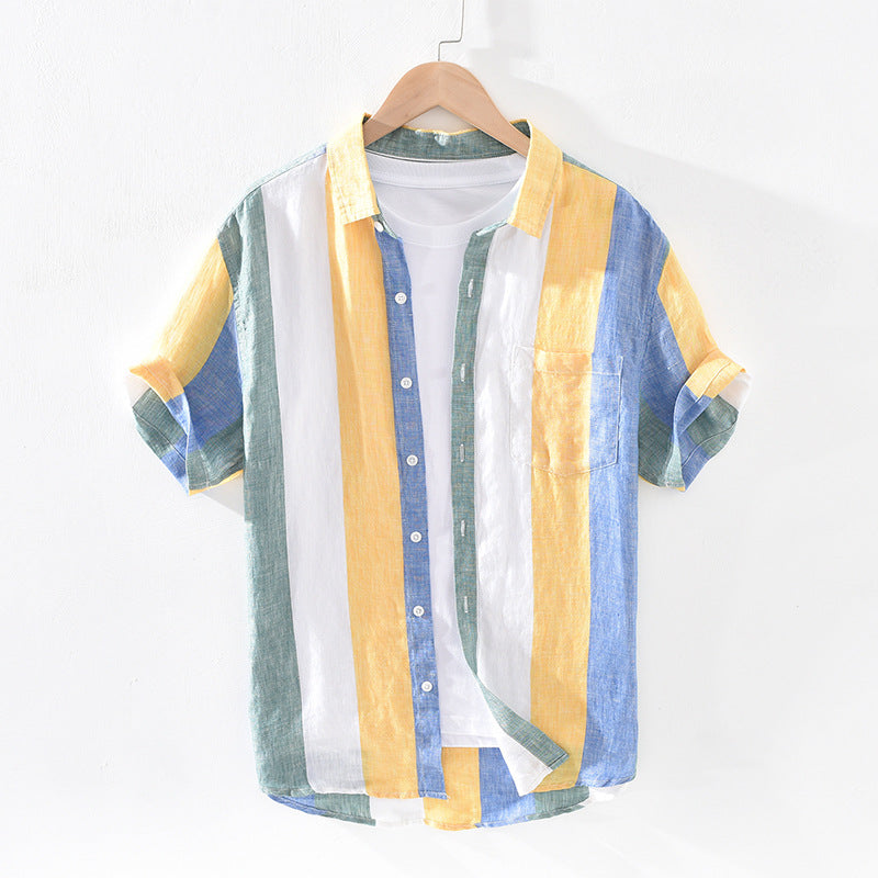 Striped Linen Shirt Men's Loose Thin Square Collar Short Sleeves