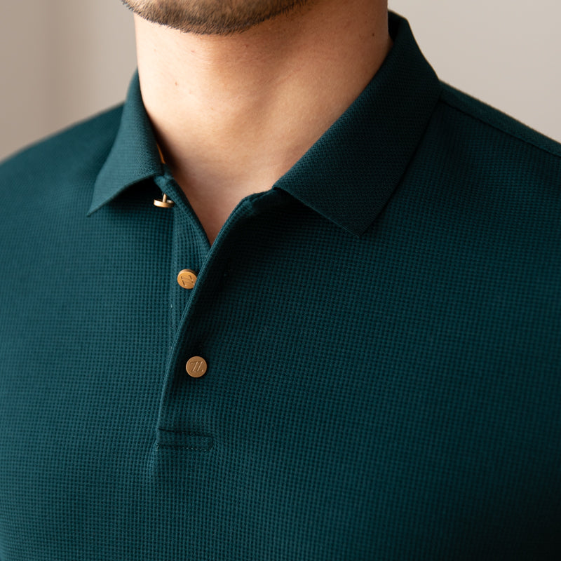 Textured Knit Cotton Blend Long Sleeve Polo