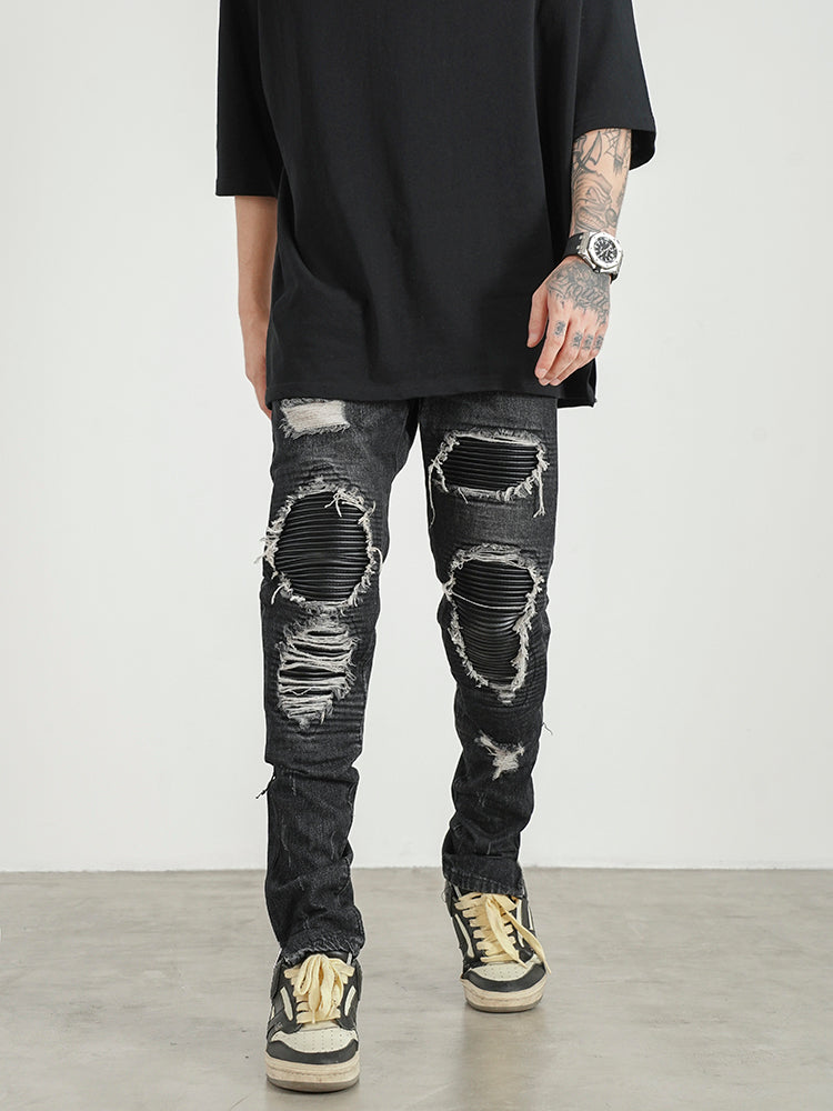 Men Ripped Patch PU And Leather Zipper Jeans