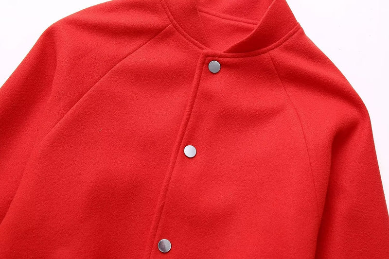 Red Stand-up Collar Casual Woolen Baseball Uniform Jacket