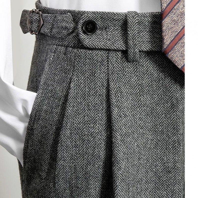 Men's Italian High Waist Slim-fit Cashmere Tweed Double Pleated Straight-leg Pants