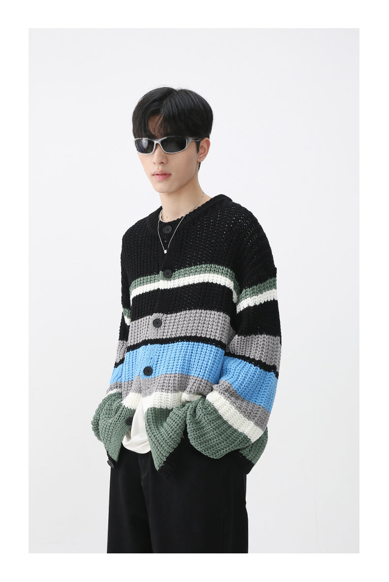 Autumn And Winter Men's Long-sleeve Cardigan Sweater Striped Coat