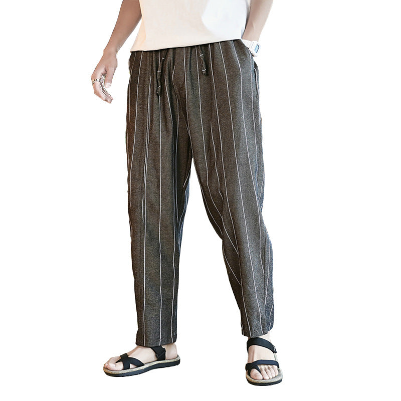 Linen casual loose pants vertical stripes straight trousers male