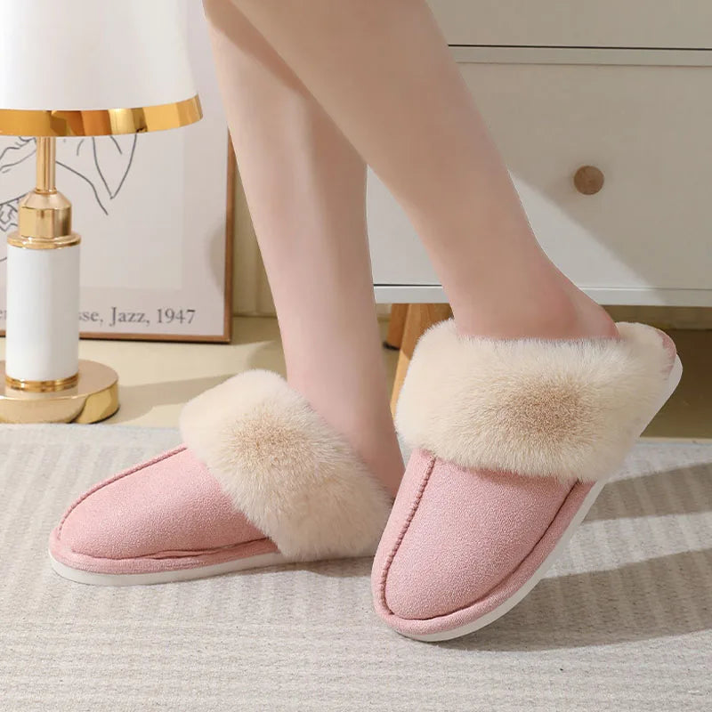 Zapatillas de casa de felpa cálidas de invierno, zapatillas de piel para interior para mujer