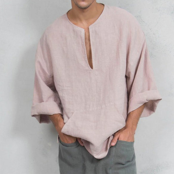 Camisa de hombre transpirable de color sólido suelta de lino de algodón para hombre