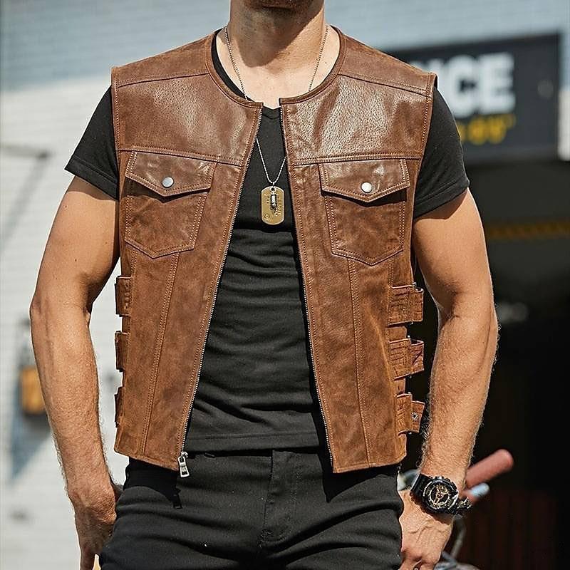 Men's Single-breasted leather Waistcoat