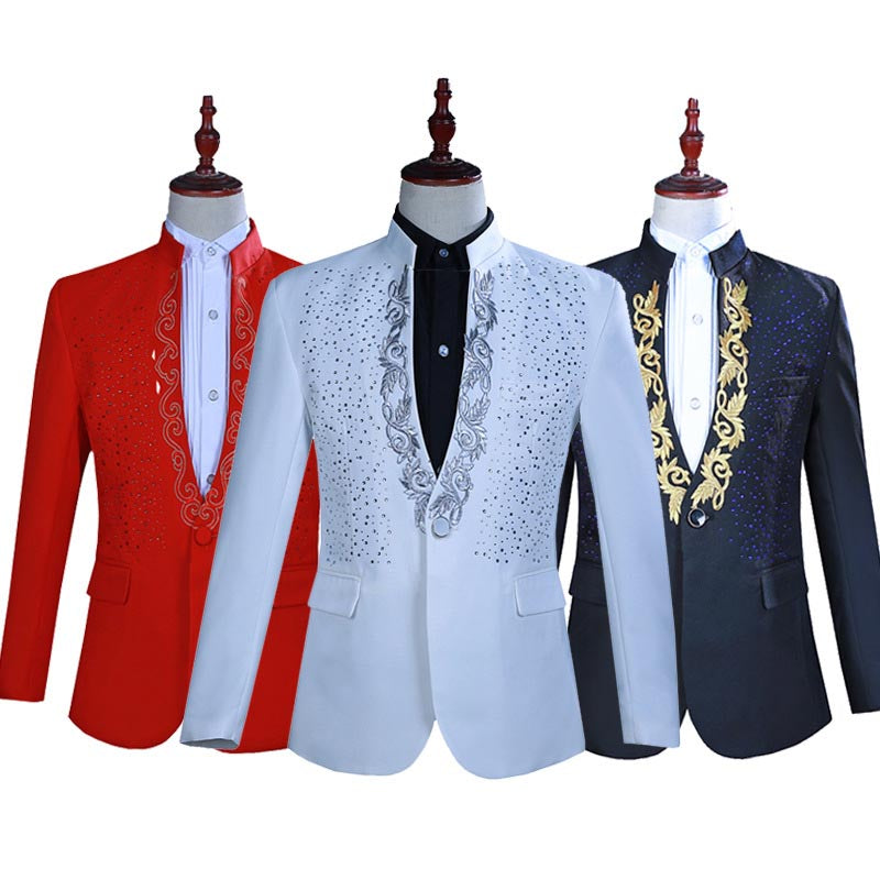 Men's Hot Flower Rhinestone Stand Collar Suit