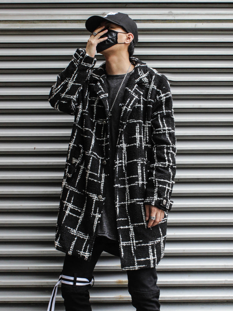 Black Plaid Mid-length Woolen Woven Coat