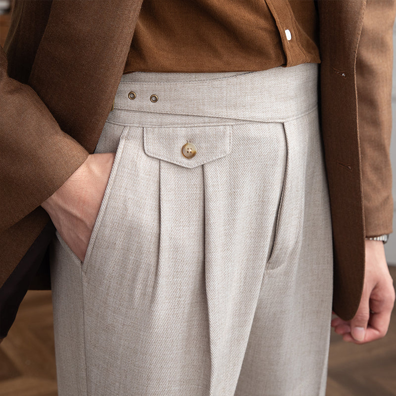 High-waisted Straight-leg Pants With Retro Double Pleats
