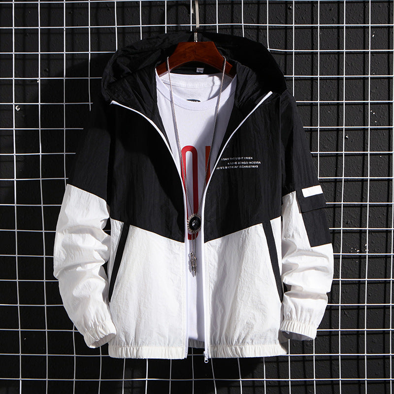 Men's Windbreaker Loose Hooded Patchwork Jacket