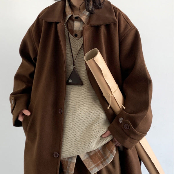 Japanese-style Retro Brown Woolen trench Coat