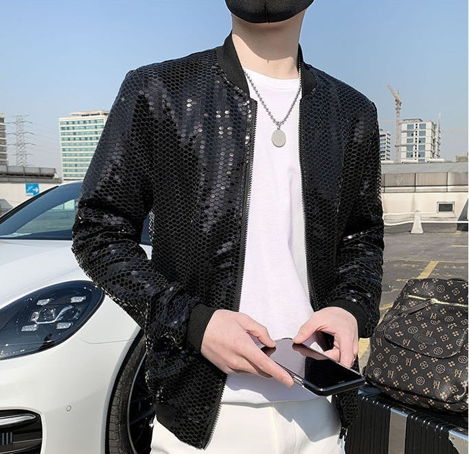 Men's Personality Fashion Nightclub Sequined Stand Collar Coat