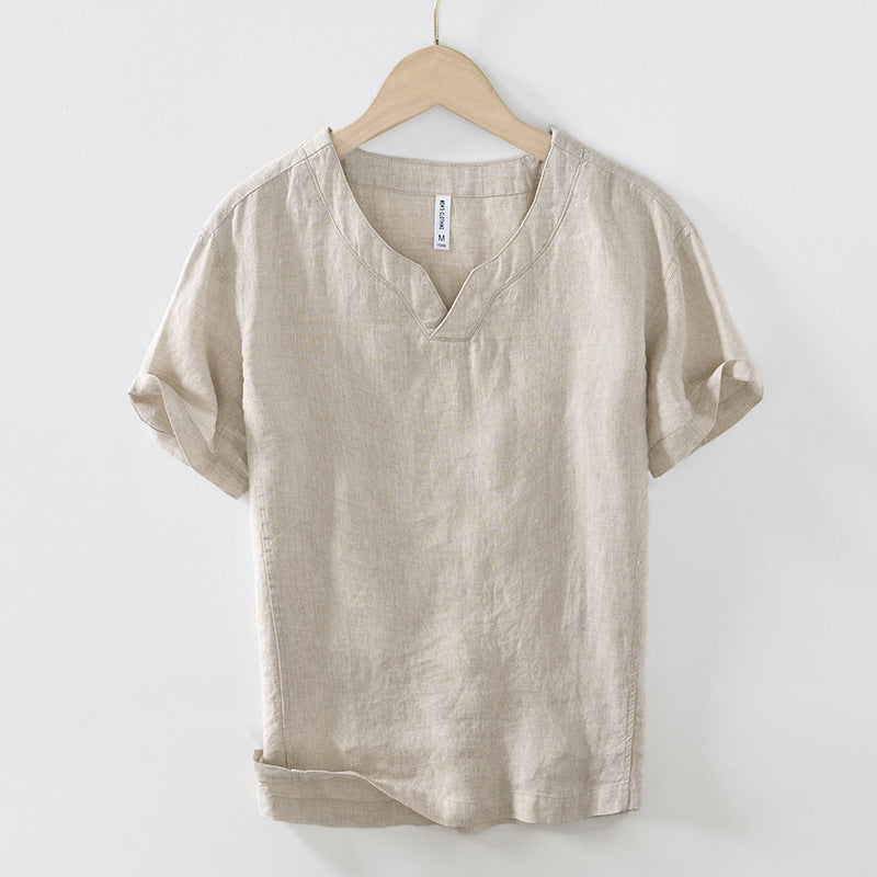 Men's Retro V-neck Linen Bottoming Shirt Short-sleeved T-shirt
