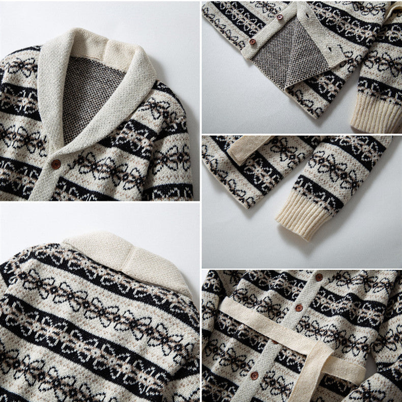 Men's Thickened Brocade Sweater Mid-length Coat