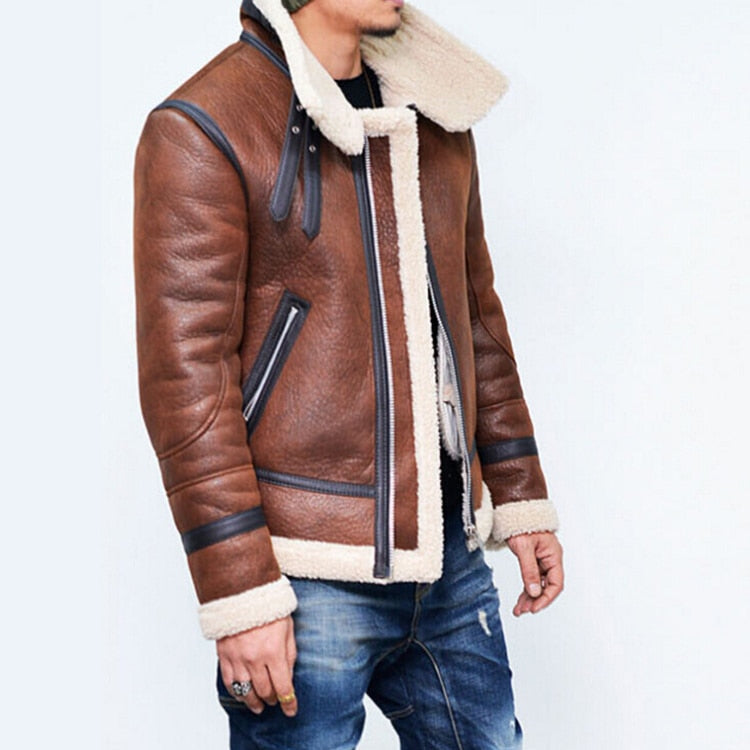 Warm Fur Liner Lapel Leather Jacket