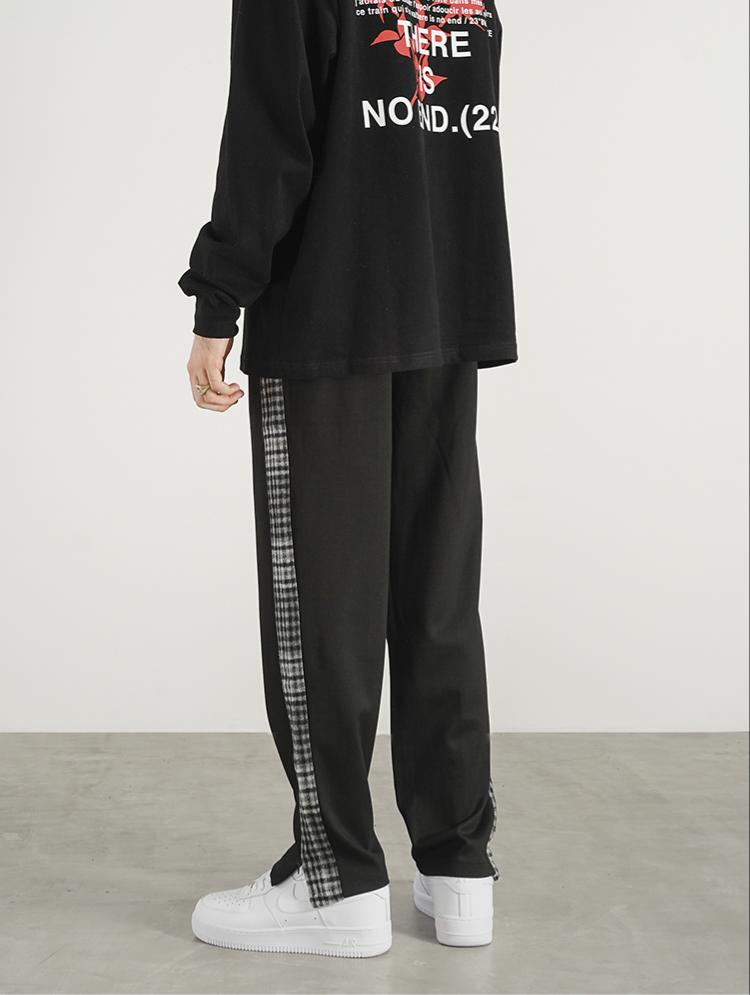 Checked Webbing String Label Straight Slit Sweatpants