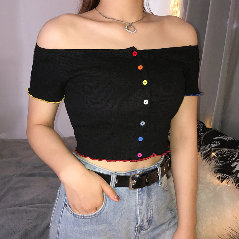 Colorful Button Off-Shoulder Navel Top