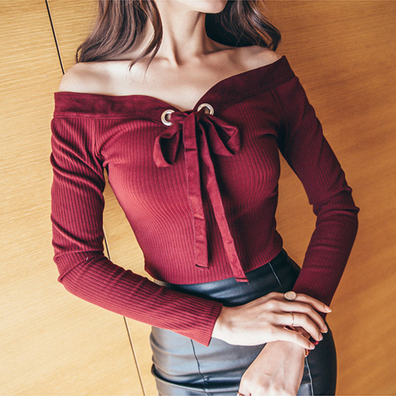 Sexy Knit Rowan Deer Suede Tie Bow Sweater