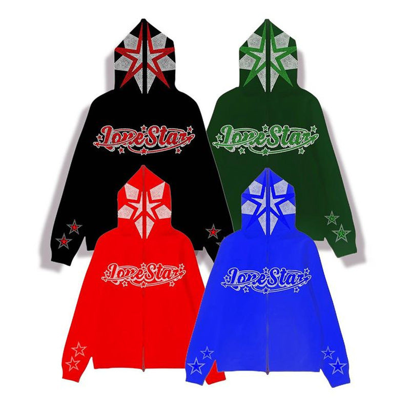 Five-pointed Star Rhinestone Hooded Sweater Zipper Jacket