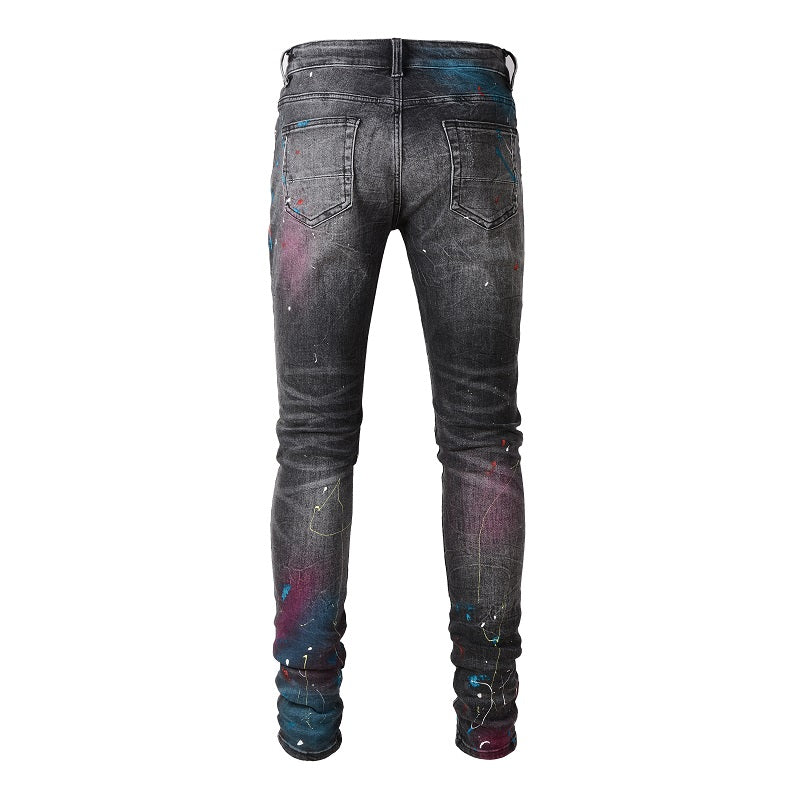 Vintage Distressed Paint Splashed Ink Stretch Gray Jeans For Men