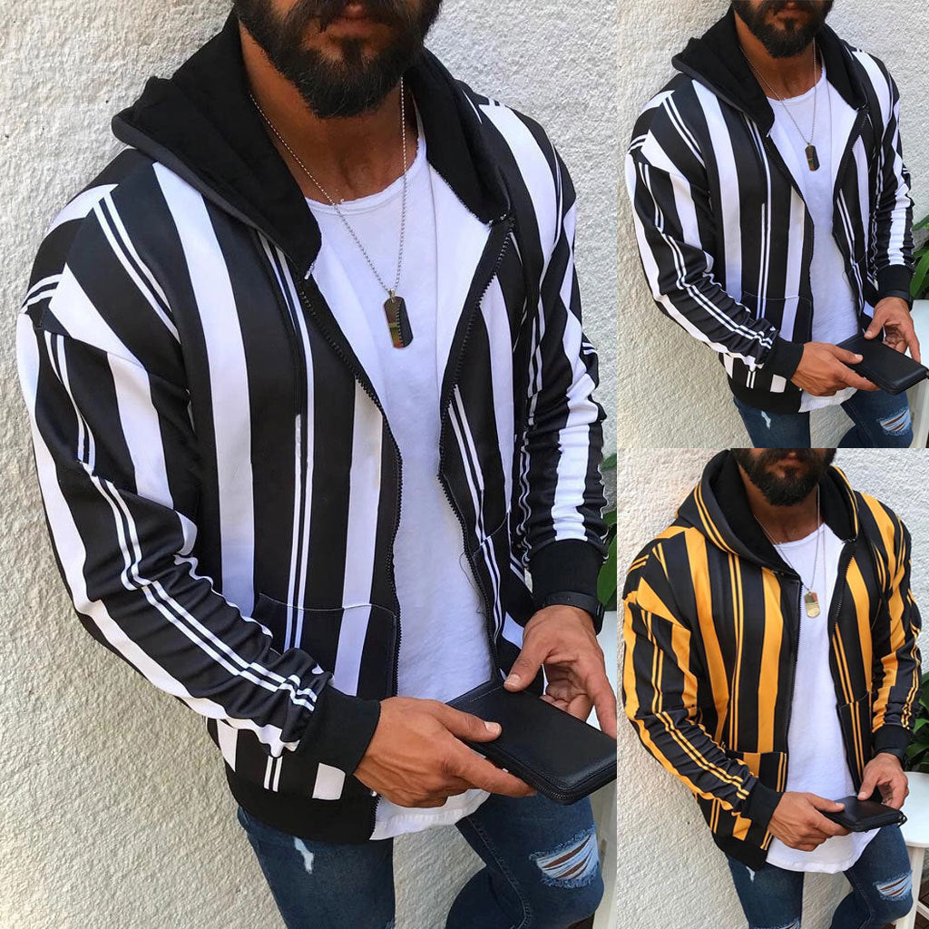 Striped color block fleece men's zipper jacket