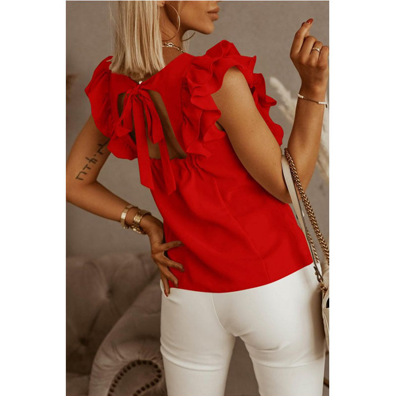 Women's Loose Round Neck Solid Color Ruffle Short Sleeve Shirt