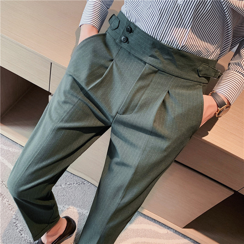 Pantalones casuales de negocios de cintura alta a rayas italianas para hombre