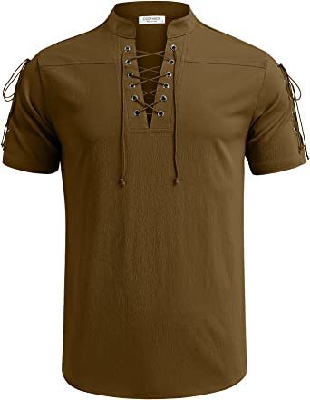 Men's Beach Shirt Short Sleeve Tie V Neck T-Shirt Summer