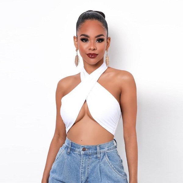 Sexy Umbilical Halter Neck Cross Tie Blouse