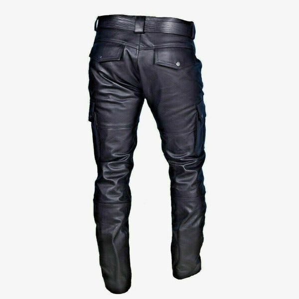 Fashion Solid Color PU Strap Casual Men's Leather Pants