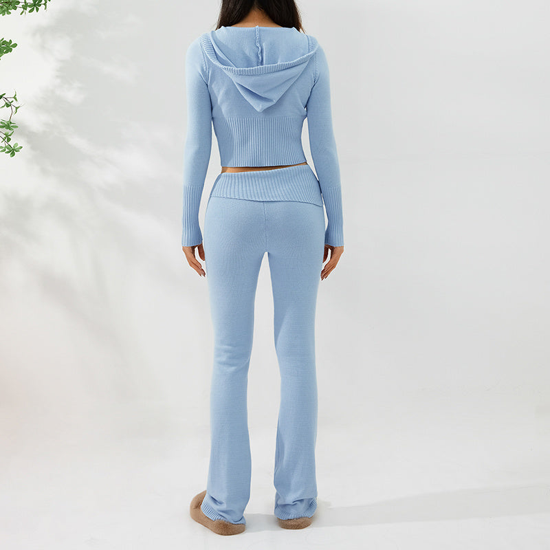 Women Leisure Sexy Zip Long Sleeve Sweater And High Waist Long Pants Set