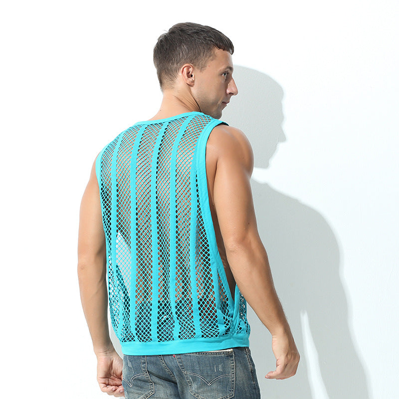 Wide-brimmed Exercise Sleeveless Fishnet Striped Vest men