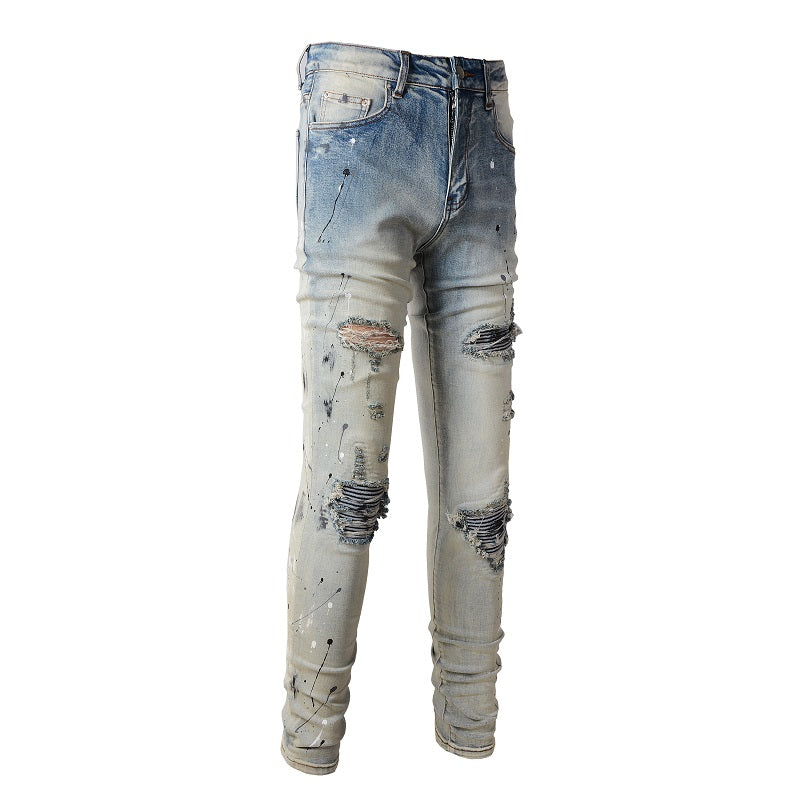 Light Colored Paint Splashed Ink Used Water Washed Torn Jeans