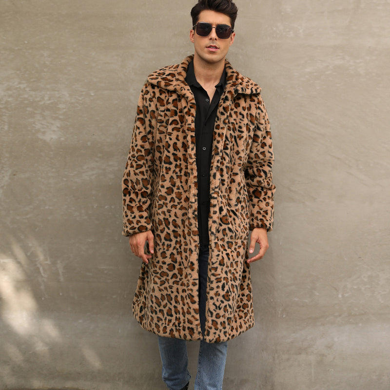 Men's Square Collar Imitation Fur Long Coat Overcoat