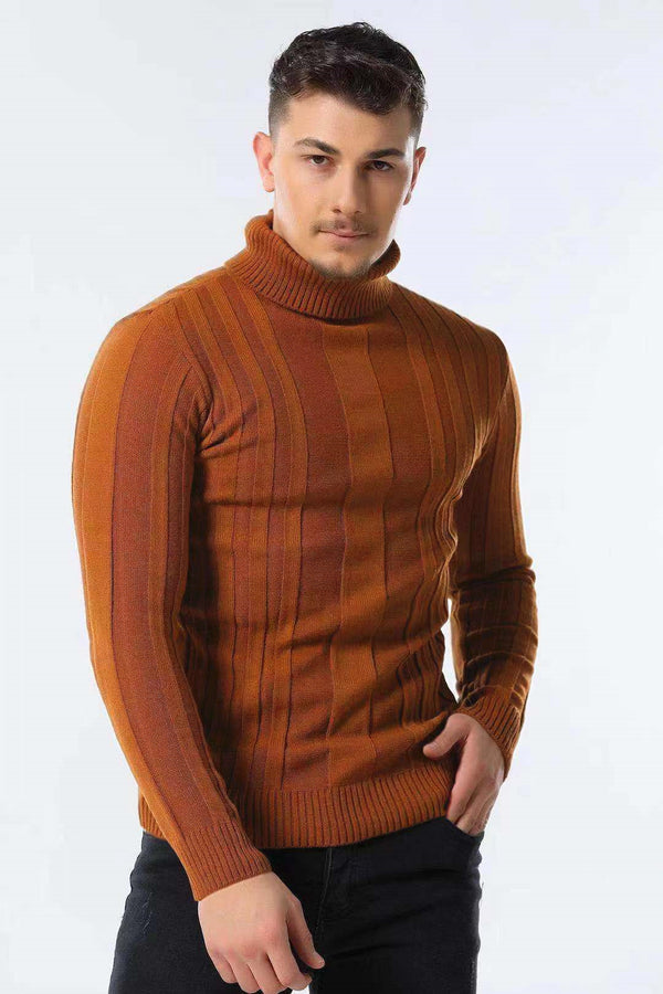 Suéter casual a rayas cálido de color sólido con cuello alto para hombre