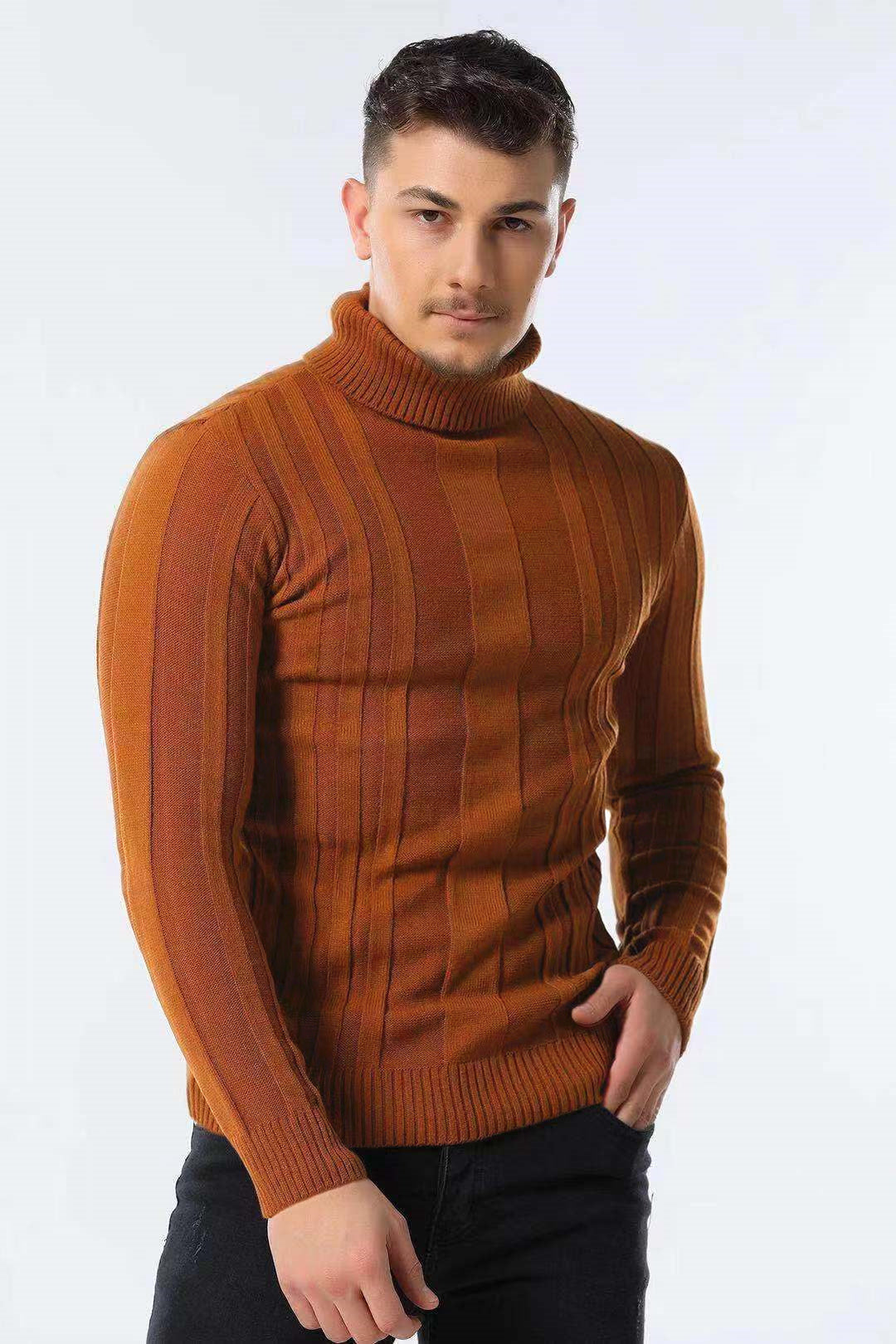 Maglione casual da uomo a collo alto, tinta unita, caldo, a righe